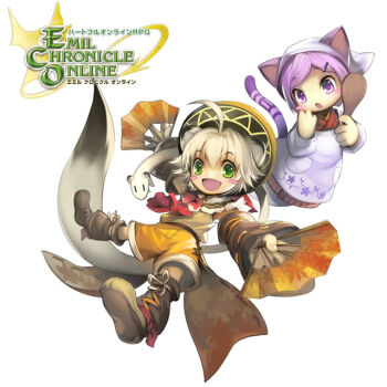 Rule 34 | 1boy, 1girl, ahoge, animal ears, animal hands, apron, bandana, black hat, blonde hair, blush stickers, boots, brown boots, brown sleeves, capelet, cat ears, cat girl, cat tail, copyright logo, detached sleeves, emil chronicle online, folding fan, ghost girl, ghost tail, green eyes, hand fan, hat, holding, holding fan, holding spoon, japanese clothes, kappougi, kimono, logo, necktie, nekomata sumire, official alternate costume, official art, open mouth, pants, purple eyes, purple hair, red kimono, red necktie, shamoji, shirt, shugoma kikuzuki, sleeveless, sleeveless shirt, spoon, tail, two-tone hat, weasel, white apron, white background, white bandana, white capelet, yellow hat, yellow pants, yellow shirt
