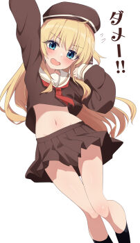 1girl arm_up beret black_socks blonde_hair borrowed_character brown_hat brown_shirt brown_skirt eniraka green_eyes hat highres midriff navel neckerchief one_side_up original pleated_skirt red_neckerchief sailor_collar school_uniform shirt simple_background skirt socks white_background white_sailor_collar