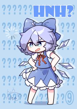 1girl ? ?? absurdres blue_bow blue_dress blue_eyes blue_hair blush bow cirno collared_shirt dress english_text gakubutiudonn449 hair_bow highres ice ice_wings loading_icon neck_ribbon pinafore_dress puffy_short_sleeves puffy_sleeves red_ribbon ribbon shirt short_hair short_sleeves sleeveless sleeveless_dress solo touhou white_shirt wings