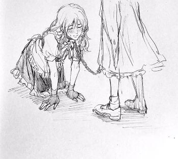 2girls aihara-rina animal_collar apron blush bow braid chain chain_leash chinese_commentary closed_eyes closed_mouth collar commentary_request fingerless_gloves frilled_skirt frills gloves greyscale hair_bow hakurei_reimu highres holding holding_leash kirisame_marisa leash monochrome multiple_girls no_headwear pet_play puffy_short_sleeves puffy_sleeves shoes short_sleeves side_braid single_braid sketch skirt socks touhou waist_apron yuri