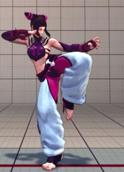 1girl 3d abs animated animated_gif black_hair capcom dancing feet female_focus fingerless_gloves gloves han_juri lowres midriff nail_polish solo street_fighter street_fighter_iv_(series) toeless_legwear toenail_polish toenails toes