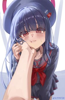 1girl absurdres black_hair black_shirt black_skirt blue_archive blush bow bowtie grey_hat halo hand_on_another's_face hat highres justice_task_force_member_(blue_archive) long_hair looking_at_viewer pleated_skirt red_bow red_bowtie red_eyes red_halo shirt skirt sweatdrop yc97