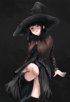 1girl black_background black_boots black_dress black_eyes black_hair black_hat boots breasts capelet cropped_legs dark_souls_(series) dark_souls_iii dress feet_out_of_frame fromsoftware haonfest hat highres karla_(dark_souls) karla_(dark_souls_iii) long_hair long_sleeves looking_at_viewer medium_breasts sidelocks smile solo torn_clothes witch_hat