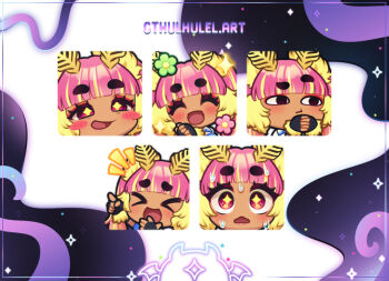 >_< +_+ 1girl antennae arthropod_girl artist_name black_gloves blonde_hair blunt_bangs blush blush_stickers closed_eyes closed_mouth commentary cthulhulel dark-skinned_female dark_skin english_commentary eyelashes fingerless_gloves flower gloves green_flower gyaru ichigo_lemonade indie_virtual_youtuber insect_girl laughing mismatched_eyebrows moth_girl multicolored_hair multiple_expressions multiple_views notice_lines open_mouth own_hands_together pink_eyes pink_flower pink_hair pointing smile sparkle sweat tan thick_eyebrows two-tone_hair virtual_youtuber