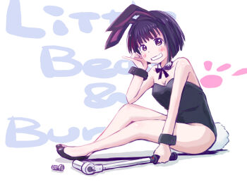 Rule 34 | 1girl, absurdres, animal ear hairband, animal ears, black bow, black bowtie, black eyes, black hair, black leotard, black shoes, black wrist cuffs, blush, bob cut, bolt (hardware), bow, bowtie, breasts, bunny day, cleavage, detached collar, english text, fake animal ears, fake tail, full body, grin, hairband, highres, koguma (super cub), leotard, looking at viewer, maruyo, playboy bunny, rabbit ear hairband, rabbit ears, rabbit tail, shoes, short hair, sitting, smile, solo, strapless, strapless leotard, super cub, tail, text background, wrist cuffs