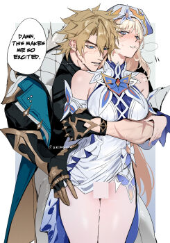 1boy 1girl bare_shoulders blonde_hair blue_eyes blush breasts censored commentary detached_sleeves dress english_commentary english_text eriimyon facial_mark genshin_impact grabbing_from_behind groping hat hetero highres hug hug_from_behind long_hair nicole_reeyn open_mouth pussy_juice scar scar_on_face speech_bubble varka_(genshin_impact) white_dress white_hat