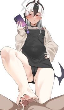 absurdres barefoot black_choker black_nails black_panties blue_archive brown_cardigan cardigan cellphone_charm charm_(object) choker commentary cum demon_horns demon_wings double-parted_bangs ear_piercing ejaculation english_commentary footjob handsfree_ejaculation highres holding holding_phone horns kayoko_(blue_archive) kayoko_(dress)_(blue_archive) looking_at_phone multicolored_hair niyoukoso official_alternate_costume panties penis phone piercing red_eyes stepped_on taking_picture uncensored underwear white_hair wings
