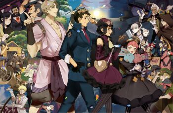 6+boys 6+girls ace_attorney albert_harebrayne animal barok_van_zieks barry_caidin basket beard black_dress black_eyes black_hair blonde_hair blue_hat blue_jacket blue_pants blue_sky blush brown_cloak brown_hair camera character_request checkered_clothes checkered_scarf cliff cloak closed_eyes cloud coat courtney_sithe cup daley_vigil dog dress enoch_drebber esmeralda_tusspells evie_vigil eye_mask eyepatch fabien_de_rousseau facial_hair falling_petals fingerless_gloves frilled_dress frills full_beard gina_lestrade gloves goggles goggles_on_head goggles_on_headwear green_coat green_eyes green_hat grey_hair grey_hat grey_pants harbor hat herlock_sholmes highres holding holding_animal holding_basket holding_camera holding_cup hood hood_up hooded_cloak horizon iris_wilson jacket kazuma_asogi long_hair mael_stronghart maria_gorey mask medium_hair multiple_boys multiple_girls mustache neckerchief necktie ocean one_eye_closed pants petals pink_hair pinstripe_pantyhose red_dress red_hair red_hat red_necktie red_scarf rei_membami round_eyewear ryunosuke_naruhodo satoru_hosonaga scarf seinikuten shed short_hair sky smile soseki_natsume stained_glass susato_mikotoba teacup teeth the_great_ace_attorney tobias_gregson toby_(ace_attorney) tree twitter_username unworn_hat unworn_headwear venus_(ace_attorney) white_coat white_hair white_neckerchief white_necktie yellow_necktie yujin_mikotoba