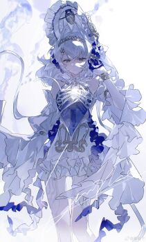 1girl absurdres bare_shoulders blue_gloves bone bonnet bracelet chinese_commentary commentary_request commission detached_sleeves dress gloves hair_intakes hair_ornament hairclip half_gloves hand_up highres jewelry long_sleeves looking_at_viewer original qing_yan_xia ribs see-through_body skeleton_print sleeveless sleeveless_dress solo spine tiara watermark weibo_watermark white_background white_dress white_hair wide_sleeves