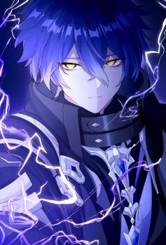 1boy black_coat blue_hair closed_mouth coat collared_coat commentary_request electricity flins_(genshin_impact) genshin_impact gradient_hair hair_between_eyes high_collar highres kuro774_n looking_at_viewer male_focus multicolored_hair no_pupils solo upper_body yellow_eyes