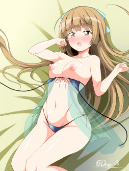 1girl :o aqua_bow bare_arms bare_legs bed_sheet bikini black_bikini blunt_bangs blush bow breasts brown_eyes brown_hair bush collarbone commentary_request deego_(omochi_bazooka) hair_bow highres idolmaster idolmaster_cinderella_girls long_hair lying navel nipples on_back open_mouth small_breasts solo swimsuit tearing_up thighs twitter_username variant_set very_long_hair yorita_yoshino