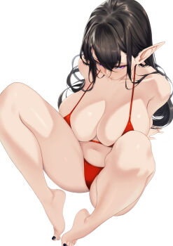 1girl barefoot bikini black_hair black_nails blueorca breasts closed_mouth collarbone commentary elf feet hair_between_eyes highres knees_up large_breasts legs long_hair looking_at_viewer nail_polish navel original pointy_ears purple_eyes red_bikini simple_background sitting swimsuit toenail_polish toenails toes white_background