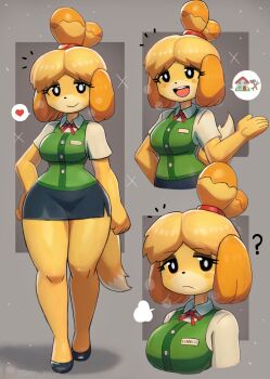 1girl ? animal animal_crossing animal_ears black_eyes black_shoes black_skirt blonde_hair blush breasts breath dog dog_ears dog_girl dog_tail furry green_vest grey_background hand_on_own_hip heart high_heels isabelle_(animal_crossing) large_breasts looking_at_viewer multiple_views name_tag neck_ribbon nintendo office_lady open_mouth pencil_skirt puff_of_air red_ribbon ribbon shih_tzu shirt shoes short_hair short_sleeves skirt smile sparkle speech_bubble spoken_heart spoken_object standing tail teeth thick_thighs thighs tony_welt topknot upper_body vest waving white_shirt wide_hips yellow_fur