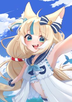 1girl absurdres ahoge animal_ear_fluff animal_ears blonde_hair blue_bow blue_eyes blue_scrunchie blue_sky blue_streaks blunt_bangs bow cat_ears commentary day dress fang fins fish_girl fish_tail hair_bow highres indie_virtual_youtuber kuraedo long_hair looking_at_viewer multicolored_hair open_mouth outdoors outstretched_arms sameko_saba scrunchie sky sleeveless sleeveless_dress smile solo streaked_hair symbol-only_commentary tail upper_body virtual_youtuber white_dress wrist_scrunchie