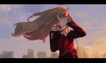 1girl absurdres ahoge arm_up black_choker black_hair black_sweater brown_hair building choker closed_eyes closed_mouth floating_hair headphones highres hololive hololive_english kurochanai long_hair multicolored_hair nanashi_mumei nanashi_mumei_(emo) official_alternate_costume official_alternate_hairstyle red_sweater smile solo streaked_hair striped_clothes striped_sweater sweater torn_clothes torn_sweater virtual_youtuber white_hair