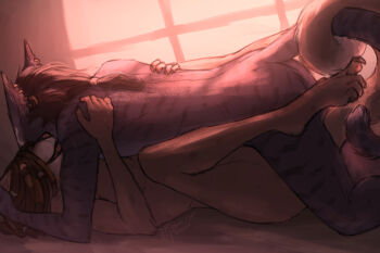 1girl bed_sheet bedding dreadlocks furry highres khajiit looking_at_another lying missionary nude on_back sex the_elder_scrolls