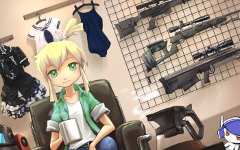 1girl anti-materiel_rifle barrett_firearms_manufacturing barrett_xm500 black_dress blonde_hair bolt-action_rifle bullpup chair clothes_hanger coffee coffee_pot cup dress dutch_angle female_focus gol_sniper_magnum green_eyes gun h&amp;k_psg1 hair_ribbon heckler_&amp;_koch highres indoors iris_(material_sniper) ironlily looking_at_viewer material_sniper mug one-piece_swimsuit pokky ribbon rifle school_uniform scope serafuku short_hair sitting sleeves_rolled_up smile sniper_rifle solo speaker steam swimsuit topknot weapon weapon_rack