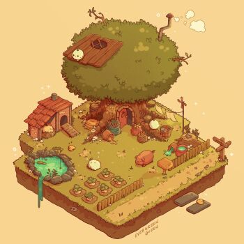 absurdres artist_name axe baby_animal bag barrel bird brown_background bucket carrot cattail chick chicken chicken_coop closed_eyes clothesline commentary cooking_pot direction_board door english_commentary evergreenqveen farm fence food garden grass highres isometric ladder lantern lily_pad mailbox_(incoming_mail) mushroom no_humans open_door original path pig plant planted planted_axe pond road rock scenery sign simple_background sleeping smoke smokestack spill storage_pot tree tree_stump treehouse turnip water waterfall windmill wooden_bucket wooden_fence