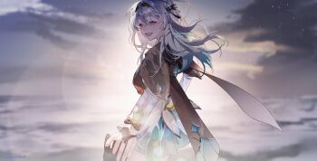 2girls aqua_dress black_gloves black_hairband blush bridal_gauntlets cloud cloudy_sky cropped_jacket dress firefly_(honkai:_star_rail) frilled_sleeves frills gloves gradient_eyes green_pupils grey_hair hair_between_eyes hair_intakes hair_ornament hair_ribbon hairband hand_grab highres honkai:_star_rail honkai_(series) long_sleeves multicolored_eyes multicolored_hair multiple_girls neckerchief open_mouth orange_neckerchief ribbon single_bridal_gauntlet sky star_(sky) starry_sky stelle_(honkai:_star_rail) trailblazer_(honkai:_star_rail) white_sleeves yukiusagi_(snowrabbit0508)