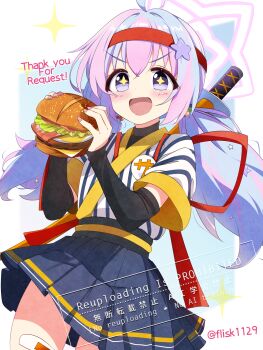 +_+ 1girl :d ahoge back_bow badge bandaid bandaid_on_leg beads black_sleeves blue_archive blue_background blue_hair blue_skirt blush border bow burger button_badge commentary commission cosplay cowboy_shot detached_sleeves double-parted_bangs english_text fingernails food furisuku_(gerbera) hachimaki hair_beads hair_between_eyes hair_ornament halo headband highres holding holding_burger holding_food imadake_dabuchi_tabemi japanese_clothes katana kimono long_hair looking_at_viewer mcdonald's miniskirt multicolored_hair nail_polish open_mouth outside_border pink_hair pink_halo pink_nails pleated_skirt purple_eyes red_bow red_headband reisa_(blue_archive) samurai_tamago_tabemi samurai_tamago_tabemi_(cosplay) short_sleeves skeb_commission skirt smile solo sparkle star_(symbol) star_hair_ornament star_halo striped_clothes striped_kimono sword twintails twitter_username two-tone_hair v-shaped_eyebrows vertical-striped_clothes vertical-striped_kimono watermark weapon weapon_on_back white_border white_kimono yellow_trim