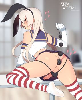 1boy ahegao anal_beads arm_support artist_logo artist_name ass bare_shoulders black_hairband black_panties blue_sailor_collar blue_skirt blurry blurry_background commentary depth_of_field elbow_gloves english_commentary erection foot_out_of_frame from_behind gloves hairband hand_up heart heavy_breathing highres indoors kantai_collection leaning_on_table legs logo long_hair lube male_masturbation masturbation matemi miniskirt no_shoes open_mouth panties penis pleated_skirt red_thighhighs sailor_collar sex_toy shimakaze-kun shimakaze_(kancolle) shiny_skin shirt skirt sleeveless soles solo striped_clothes striped_thighhighs teeth thighhighs thighs tongue tongue_out trap uncensored underwear upper_teeth_only white_shirt white_thighhighs