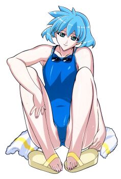1girl blue_hair blue_one-piece_swimsuit competition_swimsuit feet female_focus full_body goggles goggles_around_neck green_eyes hand_on_leg highres kuroda_kazuya legs_folded looking_at_viewer meia_gisborn nail_polish non-web_source official_art one-piece_swimsuit sandals short_hair simple_background smile solo swimsuit toenail_polish toenails toes towel vandread wet white_background
