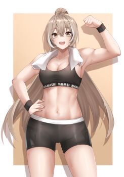 1girl abs alternate_costume arm_up biceps bike_shorts black_hair black_shoes black_sports_bra border breasts brown_background brown_eyes brown_hair cleavage clenched_hand clothes_writing collarbone commentary cowboy_shot drop_shadow english_commentary eyelashes fingernails hand_on_own_hip highres hololive hololive_english long_hair more_muscular_than_canon multicolored_hair muscular muscular_female nanashi_mumei navel open_mouth ponytail popcornflakes shoes simple_background smile solo sports_bra stomach streaked_hair sweat teeth towel towel_around_neck upper_teeth_only very_long_hair virtual_youtuber white_border white_hair
