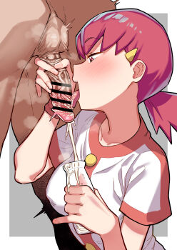 1boy 1girl absurdres bar_censor blush bottle breasts censored cum ejaculation erection fellatio hair_ornament hairclip handjob hetero highres holding holding_bottle jacket large_breasts licking licking_penis long_hair milking_handjob naughty_face nintendo open_mouth oral penis penis_milking pokemon pokemon_hgss projectile_cum red_eyes red_hair reinoenu_(anon) short_sleeves smegma smile solo_focus testicles tongue tongue_out white_jacket whitney_(pokemon)