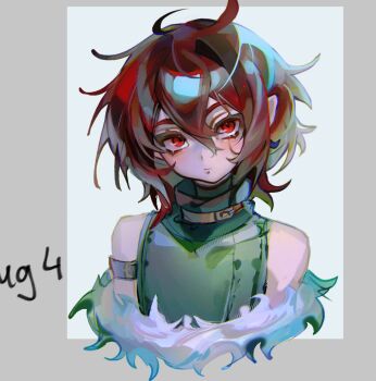 1boy bare_shoulders brown_hair closed_mouth cloud_(lufaeris) commentary cropped_torso double-parted_bangs english_commentary fur_(clothing) green_shirt grey_background hair_between_eyes highres looking_at_viewer male_focus messy_hair original red_eyes shirt short_hair sleeveless sleeveless_shirt solo