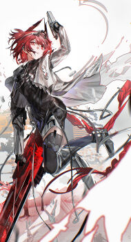 1girl absurdres arknights arm_up black_boots black_dress black_gloves black_thighhighs boots chinese_commentary commentary cropped_jacket dated dot_nose dress dynamic_pose feather_hair fiammetta_(arknights) fiammetta_(judgment_day)_(arknights) full_body gloves gun hairband handgun highres holding holding_case holding_gun holding_weapon jacket knee_boots long_sleeves long_tail looking_to_the_side milbi official_alternate_costume parted_lips pencil_dress red_eyes red_hair red_tail short_hair sidelocks sideways_glance signature solo standing standing_on_one_leg tail teeth thighhighs weapon white_background white_jacket zettai_ryouiki