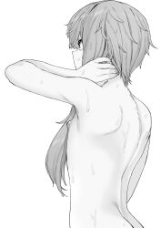 Rule 34 | 1girl, ass, back, flat chest, from behind, greyscale, highres, monochrome, mukago (mukagomumumu), nipples, nude, short hair with long locks, simple background, solo, upper body, vocaloid, voiceroid, wet, wet hair, yuzuki yukari