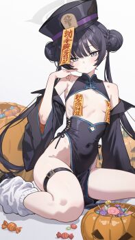 1girl absurdres black_hair blue_archive breasts candy chinese_clothes commentary covered_navel double_bun dress eco_376124 food hair_bun halloween halo hat highres jiangshi_costume kisaki_(blue_archive) long_hair looking_at_viewer ofuda ofuda_on_nipples pasties small_breasts solo symbol-only_commentary twintails
