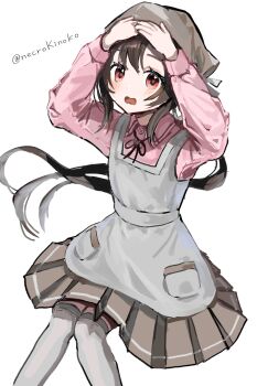 Rule 34 | 1girl, absurdres, apron, bandana, black hair, collared shirt, commentary request, grey apron, grey bandana, grey skirt, grey thighhighs, hands on own head, highres, kantai collection, long hair, low ponytail, nankai (kancolle), open mouth, pink shirt, pleated skirt, ponytail, red eyes, sakura-konoha, shirt, simple background, skirt, solo, thighhighs, twitter username, white background