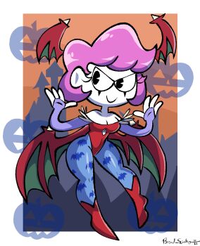 Rule 34 | 1girl, artist name, ass, bare hips, bare legs, bare shoulders, black eyes, breasts, colored skin, cosplay, darkstalkers, eyelashes, full body, halloween, halloween costume, highres, imrachets, legs, lilith (darkstalkers), lilith (darkstalkers) (cosplay), mime, mute, mute the mime (imrachets), original, pac-man eyes, purple hair, signature, solo, toon (style), white skin, wide hips, wings