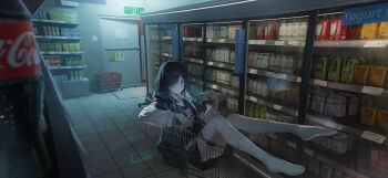 1girl absurdres animal_print bear_print belt black_hair black_shirt black_skirt bottle coca-cola commentary dim_lighting door drink_carton earbuds earphones english_commentary exit_sign frown hand_up highres holding holding_phone hood hooded_jacket in_shopping_cart incredibly_absurdres indoors jacket legs_up long_sleeves looking_at_phone madao milk_carton multicolored_jacket no_shoes open_clothes open_jacket original panties peace_symbol phone print_shirt purple_eyes screen_light shirt shopping_basket shopping_cart sitting skirt socks soda_bottle solo supermarket t-shirt thigh_belt thigh_strap tile_floor tiles two-tone_jacket underwear white_panties white_socks wide_shot