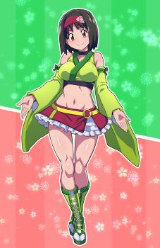 Rule 34 | 1girl, adapted costume, black hair, breasts, commentary request, crop top, detached sleeves, erika (pokemon), frilled skirt, frills, green eyes, green sleeves, hairband, hameneko, highres, large breasts, midriff, miniskirt, navel, nintendo, pokemon, red hairband, red skirt, short hair, skirt, wide sleeves