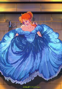 ! !! 1girl arm_tattoo bare_shoulders blue_dress cinderella_(disney_character) cinderella_(disney_character)_(cosplay) cinderella_(disney_movie) cosplay dress hair_bun highres itstheenami nami_(one_piece) one_piece open_mouth orange_hair shoes sidelocks single_shoe skirt_hold solo sweatdrop tattoo twitter_username