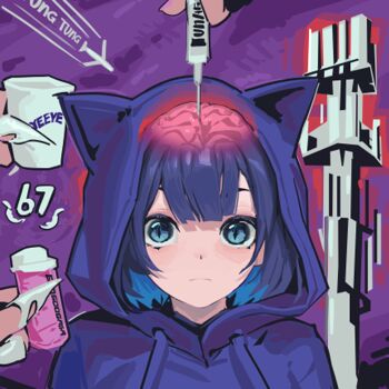 Rule 34 | 1girl, 67 (meme), animal ear hood, blue eyes, blue hair, blue hoodie, brain, cellphone tower radiation effects (meme), cellular tower, claw ring, commentary, drawstring, english commentary, expressionless, fake animal ears, hololive, hololive english, hood, hood up, hoodie, looking at viewer, meme, old metal 666, ouro kronii, solo, syringe, tung tung tung sahur, upper body, virtual youtuber