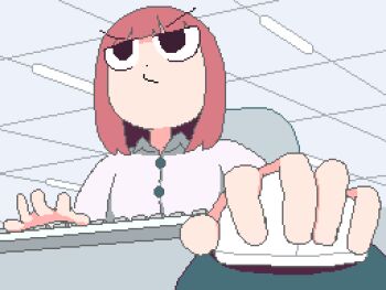 1girl angry animated animated_gif bob_cut ceiling ceiling_light computer_keyboard computer_mouse desk desk_slam foreshortening furious head_back head_down head_smash kawawagi office office_lady orange_hair original pixel_art slam solo typing v-shaped_eyebrows