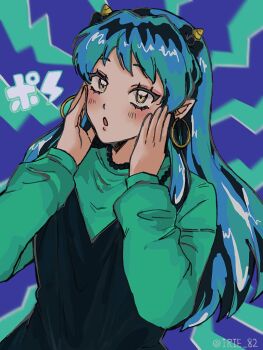 1girl artist_name bead_necklace beads commentary cone_horns earrings green_shirt hoop_earrings horns irie_82 jewelry long_hair looking_at_viewer lum necklace open_mouth pointy_ears shirt solo symbol-only_commentary urusei_yatsura