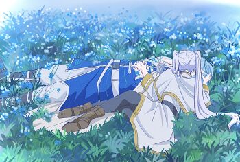 1boy 1girl black_boots black_pantyhose blue_coat blue_flower blue_hair boots brown_boots capelet cloak coat couple elf field flower flower_field frieren full_body grey_hair hand_in_another&#039;s_hair hetero highres himmel_(sousou_no_frieren) holding_hands kiss long_coat long_hair lying on_back own_hands_together pants pantyhose pointy_ears shirt short_hair skirt somei2929 sousou_no_frieren striped_clothes striped_shirt twintails white_capelet white_cloak white_pants white_skirt