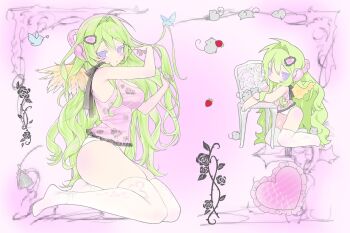 1girl :/ armpit_crease bare_arms behind-the-head_headphones bird black_ribbon blush_stickers border breasts chair chibi chibi_inset commentary feathered_wings frilled_shirt frills from_side full_body green_hair hair_intakes hair_ornament hands_in_own_hair hands_up headphones highres inset_border kichiko_(ryu10855) kneeling leaning_on_object long_hair looking_at_viewer medium_breasts mouse_(animal) multiple_views no_shoes original ornate_border panties pink_background pink_shirt purple_eyes ribbon see-through_clothes see-through_shirt shirt single_blush_sticker skindentation symbol-only_commentary tank_top thighhighs underwear very_long_hair wavy_hair white_panties white_thighhighs wings yellow_wings