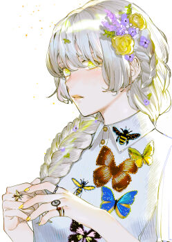 1girl bee blue_butterfly braid braided_ponytail bug butterfly collared_shirt flower hair_over_shoulder highres insect jewelry nail_polish original purple_flower ring shirt silver_hair simple_background solo upper_body vient wasp white_background white_shirt yellow_butterfly yellow_eyes yellow_flower yellow_nails