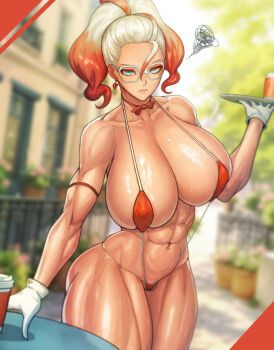 abs absurdres angry aqua_eyes bikini blonde_hair bow bowtie breasts desk glass glasses gloves griselle_(pokemon) hair_pulled_back highres huge_breasts kingbang lipstick looking_at_viewer makeup micro_bikini multicolored_hair muscular muscular_female muscular_legs navel navel_piercing nintendo piercing pokemon pokemon_legends:_z-a ponytail red_hair shiny_skin slingshot_swimsuit split_ponytail sweat swimsuit thick_thighs thighs two-tone_hair waitress