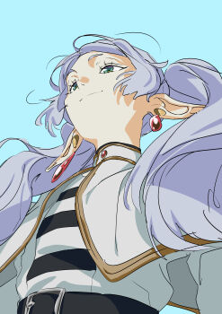 1girl absurdres blue_background capelet earrings elf frieren green_eyes grey_hair highres jewelry long_hair meme namaewokudasa pointy_ears simple_background solo sousou_no_frieren twintails upper_body upward_angle_frieren_drawing_(meme) white_capelet