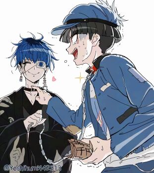 2boys animal_collar belt_collar black_hair black_haori black_roots blue_hair blue_jacket blunt_bangs closed_eyes collar commentary earrings face_piercing grin haori heart highres holding holding_leash holding_money jacket japanese_clothes jewelry leash lip_piercing looking_at_another male_focus maruko_gaku mismatched_earrings money multiple_boys omokage_yugamu patch piercing pointing pointing_at_another pointy_ears print_shirt red_eyes scar scar_across_eye scar_on_face shirt smile sweat the_hundred_line_-last_defense_academy- trembling twitter_username undercut v-bangs yoshihumi442313