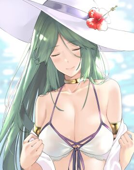 1girl armlet beach bikini bikini_top_only blush breasts cleavage closed_eyes female_focus flower frilled_bikini frills green_hair hat j@ck jewelry kid_icarus large_breasts lily_(flower) long_hair neck_ring nintendo palutena parted_bangs simple_background sky smile solo super_smash_bros. swept_bangs swimsuit very_long_hair white_bikini