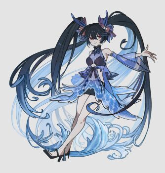 1girl absurdly_long_hair aqua_hair ar_at001 black_bra black_hair black_shorts blue_dress blue_hair blue_sleeves bra colored_inner_hair detached_sleeves dress full_body gradient_hair hair_between_eyes highres long_hair lucia:_pyroath_(pgr) lucia:_pyroath_(rippling_luminescence)_(pgr) lucia_(pgr) multicolored_hair punishing:_gray_raven red_eyes see-through_clothes see-through_dress see-through_sleeves shorts solo twintails underwear very_long_hair