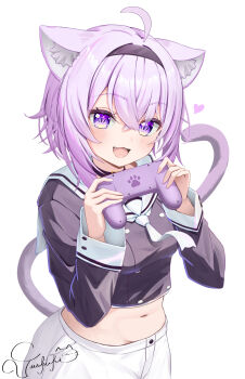 1girl :3 :d ahoge animal_collar animal_ear_fluff animal_ears black_collar black_hairband buttons cat_ears cat_girl cat_tail collar commentary_request controller cropped_shirt crossed_bangs double-breasted double-parted_bangs fang game_controller hair_between_eyes hairband heart highres holding holding_controller holding_game_controller hololive long_sleeves looking_at_viewer messy_hair midriff navel neckerchief nekomata_okayu nekomata_okayu_(school_uniform) official_alternate_costume open_mouth purple_eyes purple_hair purple_shirt sailor_collar sailor_shirt school_uniform serafuku shirt short_hair shorts simple_background sleeve_cuffs smile solo tail torakichi_888 virtual_youtuber white_background white_neckerchief white_sailor_collar white_shorts