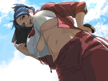 1girl blue_hair breasts brown_eyes clipboard commentary_request crop_top from_below gym_shirt gym_teacher gym_uniform hand_on_own_hip highres holding holding_clipboard jacket large_breasts looking_at_viewer mattsun_(lyohei) navel open_mouth original outdoors shirt sky solo track_jacket underboob whistle whistle_around_neck white_shirt